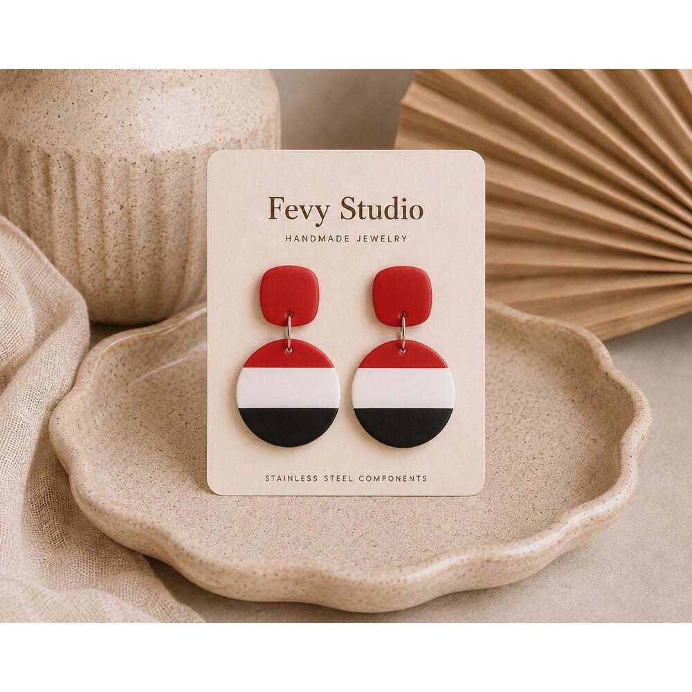 Modern Color Block Polymer Clay Earrings | Red White Black Retro Dangle Gift